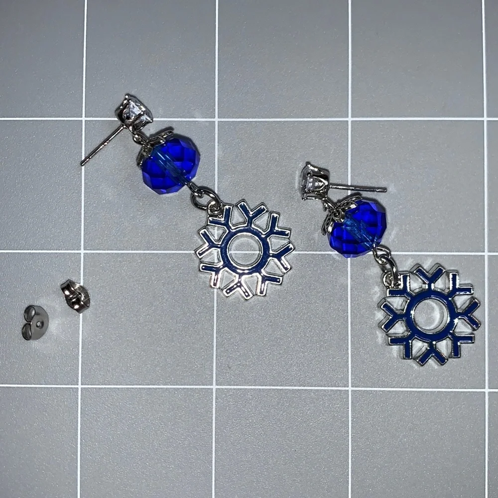 New Hand Crafted Snowflake Dangling Stud Post Earrings with Blue Glass Beads - Picture 3 of 12